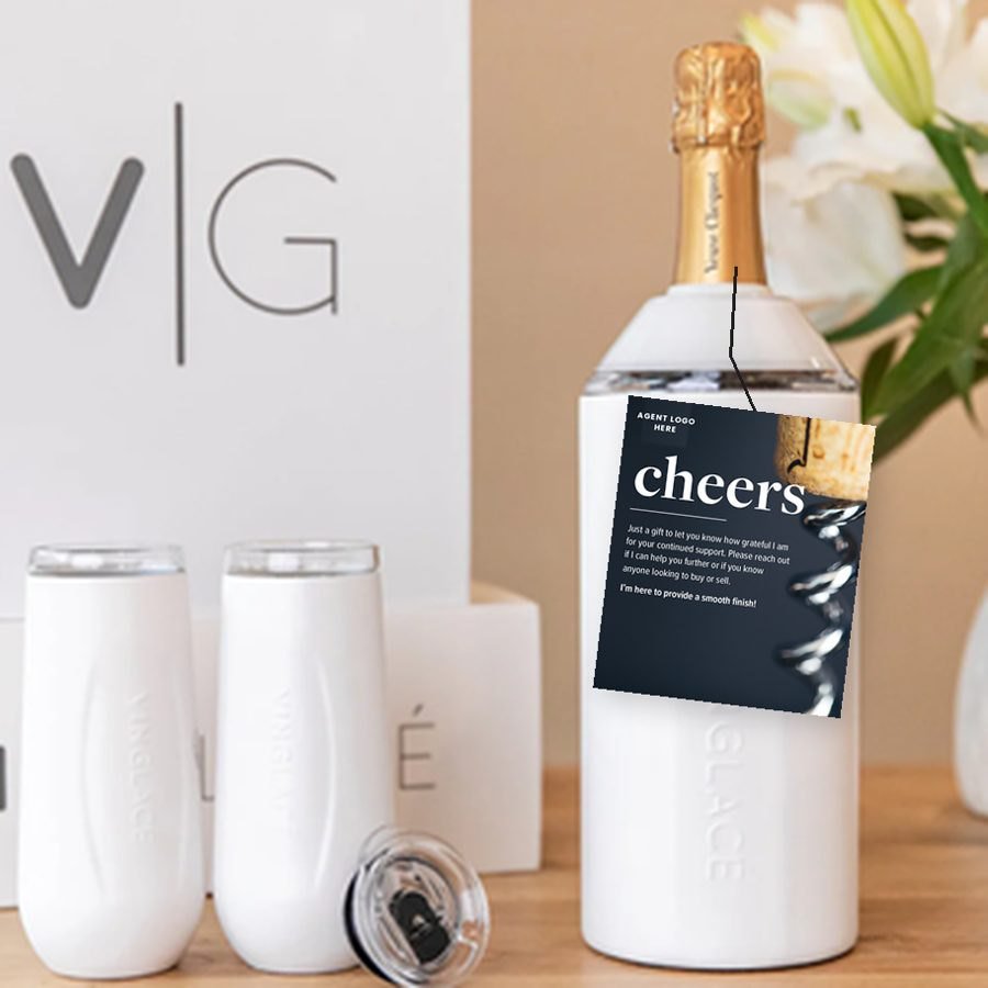 Champagne chiller and tumblers with a branded cheers gift tag