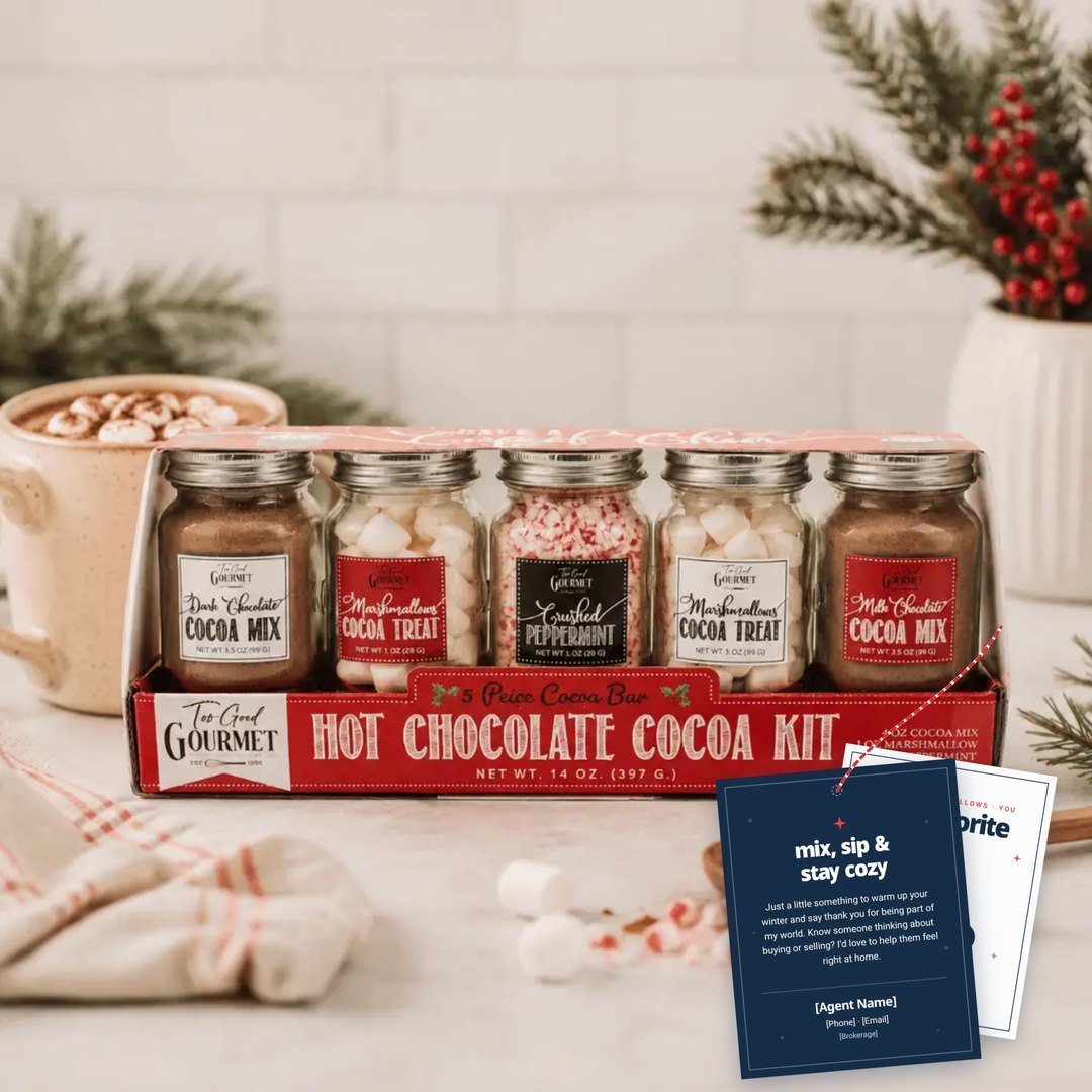 Five-piece hot chocolate cocoa kit with a branded gift tag