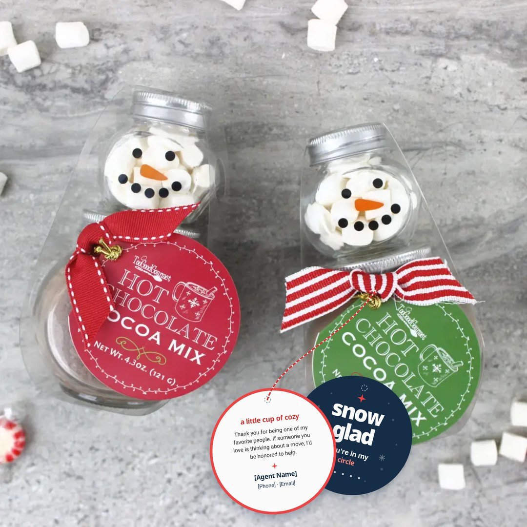 Snowman hot cocoa jars with a branded snow glad gift tag